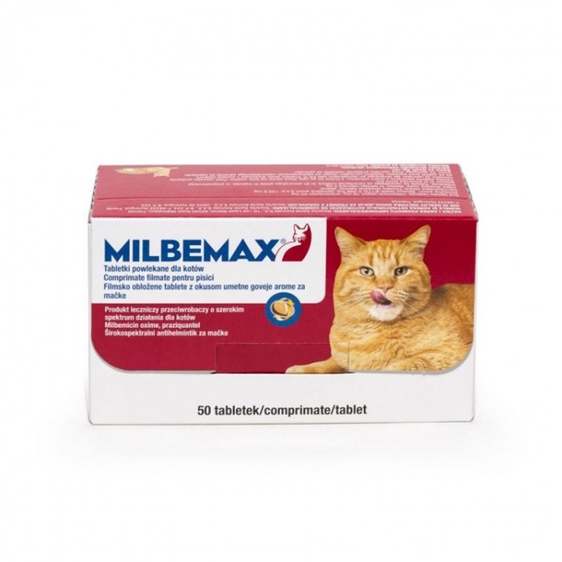 cutie cu 50 de comprimate milbemax cat pentru deparazitarea interna a pisicilor intre 2 si 8 kilograme pe fundal alb