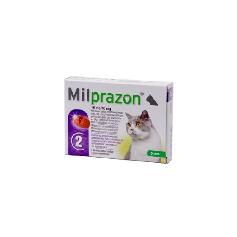 Cutie cu doua tablete pentru deparazitare interna Milprazon pentru pisici de 2 - 8kg pe fundal alb