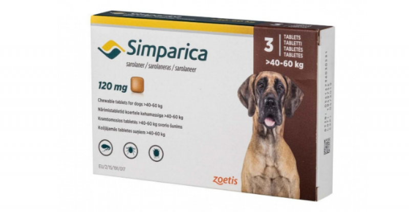 cutie cu trei comprimat masticabile antiparazitare Simparica 120 mg pentru câini de 40 - 60 kg, pe fundal alb