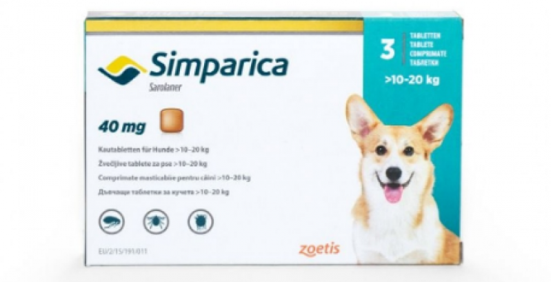 Cutie cu trei comprimate masticabile antiparazitare Simparica 40 mg pentru câini de 10 - 20 kg, pe fundal alb
