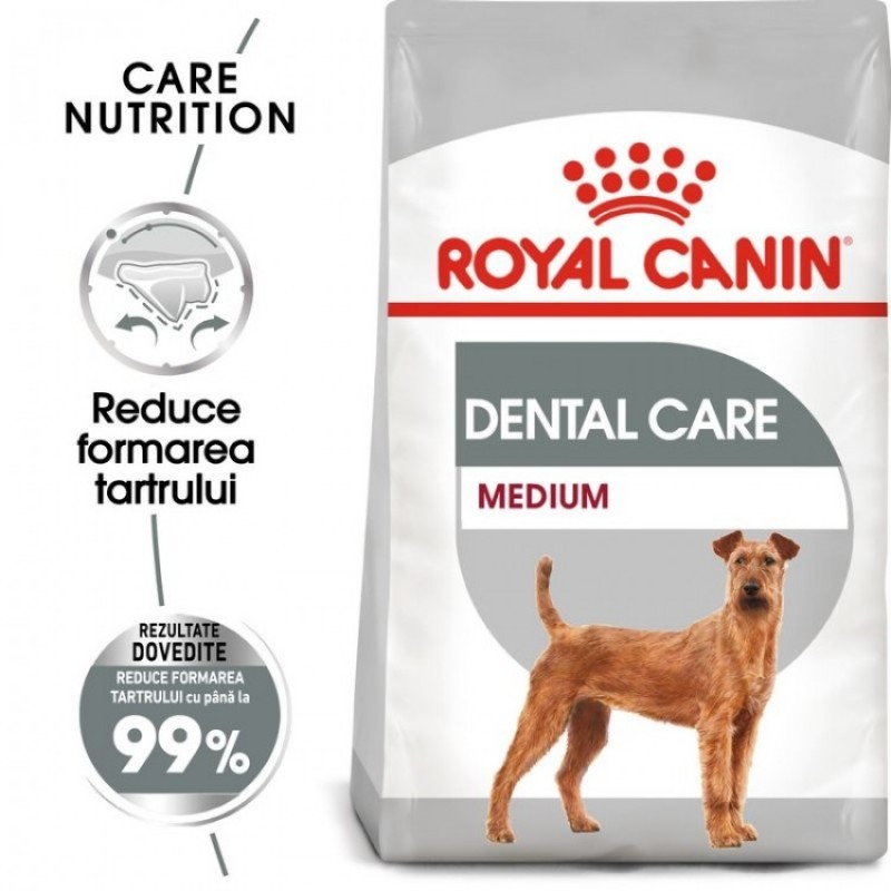 Punga cu hrana Royal Canin Medium Dental Care si recomandari pe fond alb