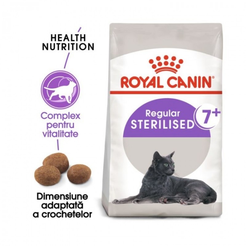 Punga cu hrana uscata Royal Canin Feline Sterilised 7+ pe fond alb