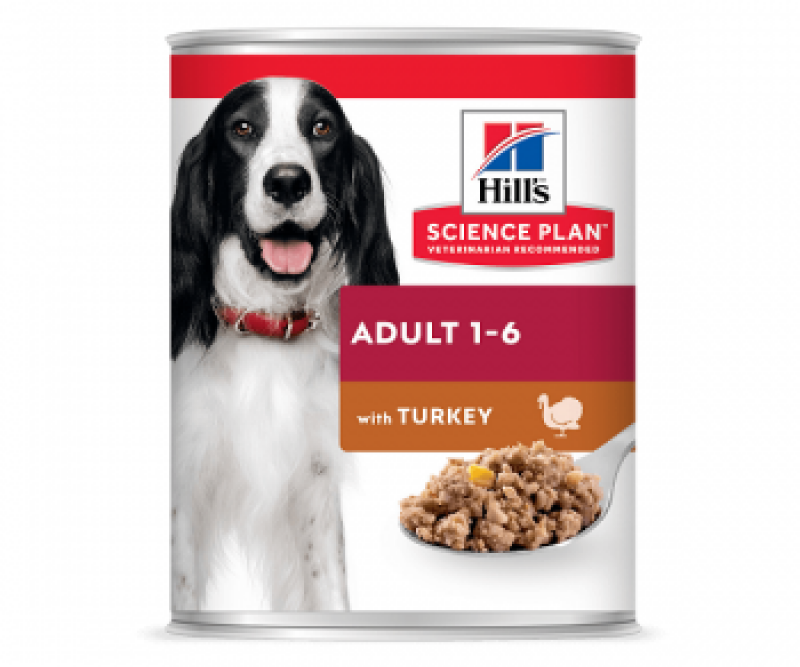 Conservă cu hrana umeda Hills SP Canine Adult cu curcan pe fond alb