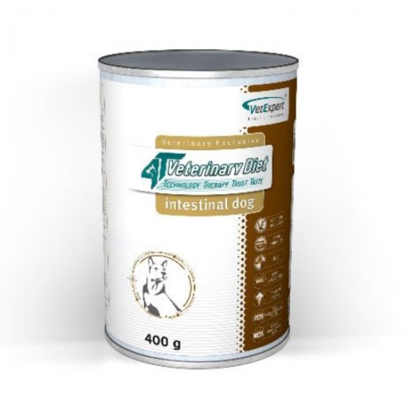 Conserva cu hrana umeda 4T - dieta umeda Intestinal dog pe fond alb