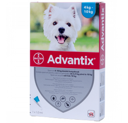 cutie cu o pipetă antiparazitară Advantix pentru câini de 4 - 10 kg, pe fundal alb