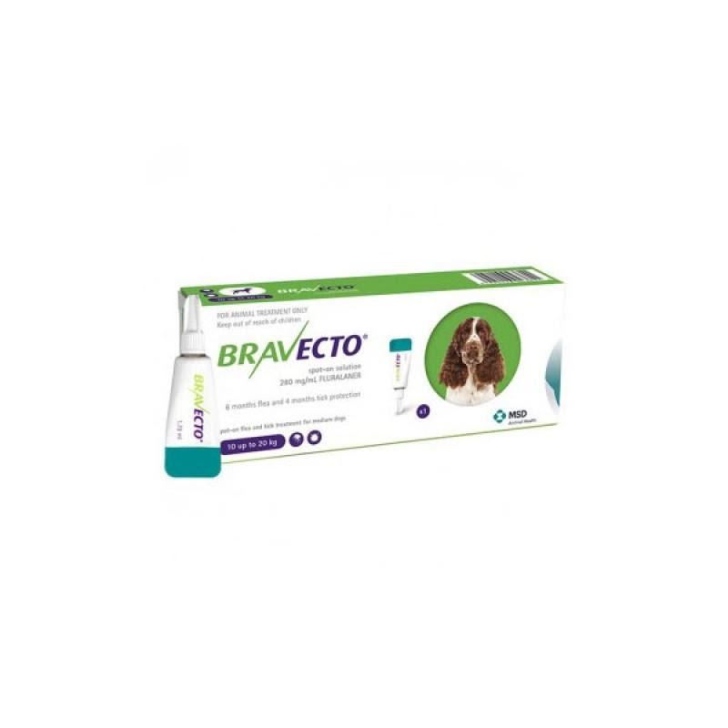 Cutie cu pipetă antiparazitară Bravecto pentru câini de 10 – 20kg, doză unică, pe fundal alb
