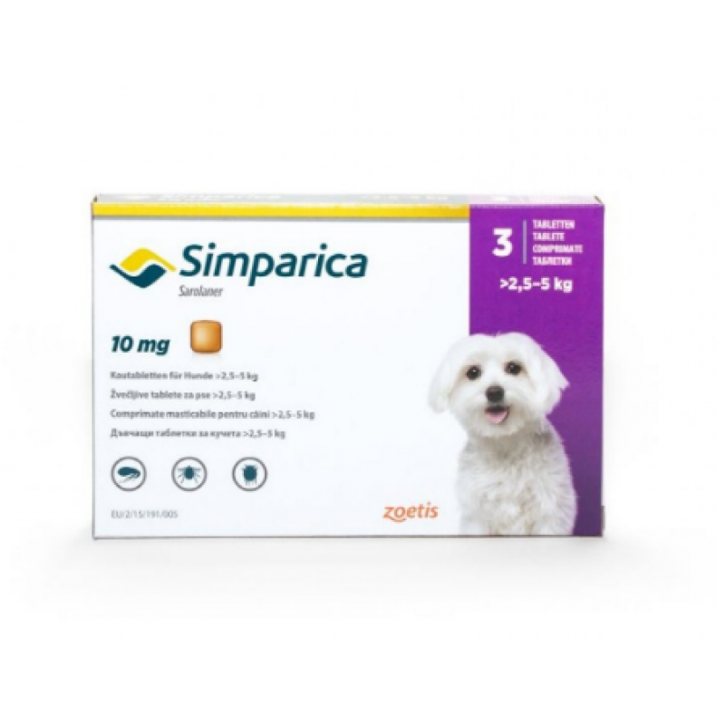 Cutie cu comprimat masticabil antiparazitar Simparica 10 mg pentru câini de 2.5 - 5kg, pe fundal alb
