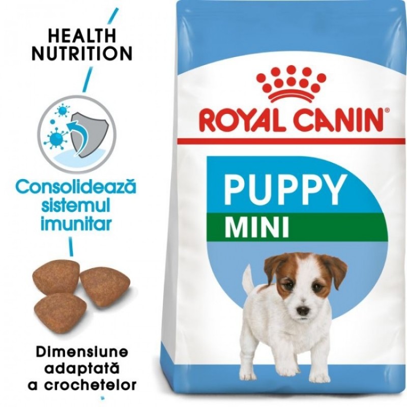 Plic cu hrana Royal Canin Mini Puppy pe fond alb

