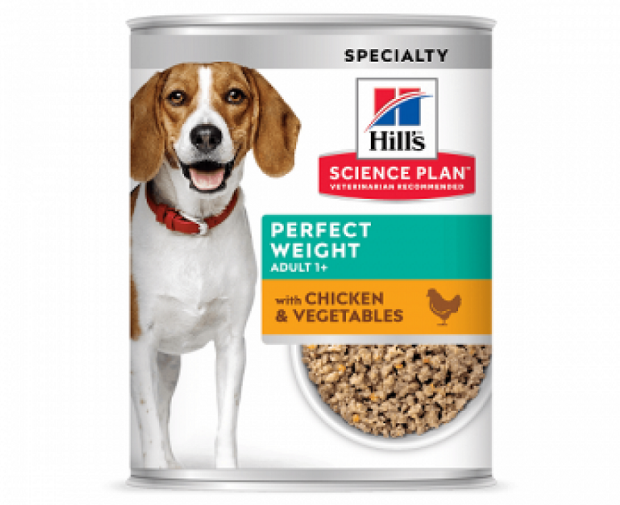 Conserva cu hrana pentru caini Hills SP Canine Adult Perfect Weight pe fond alb