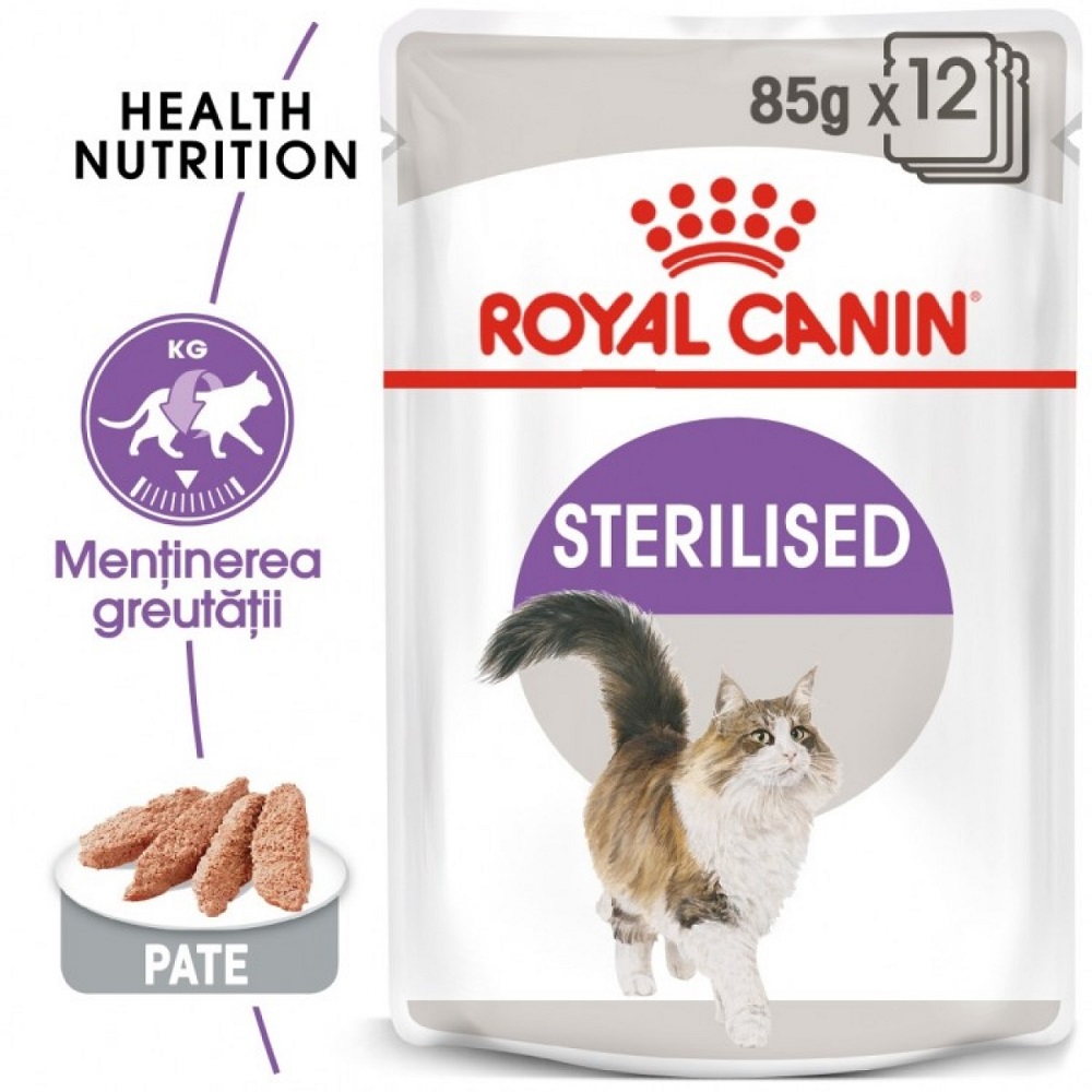 Plic cu hrana Royal Canin Sterilised Loaf Pouch pe fond alb