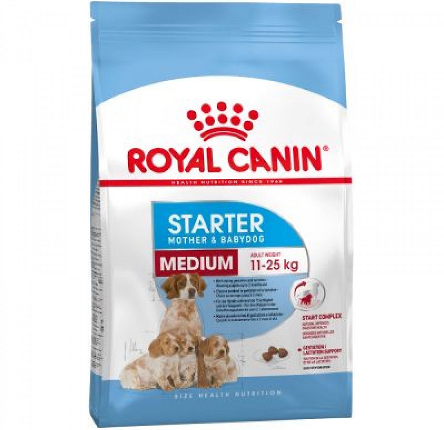 Punga cu hrana uscata Royal Canin Medium Starter Mother&Babydog pe fond alb
