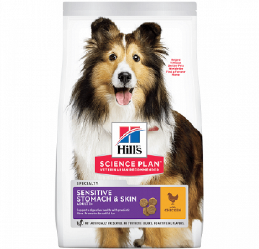Punga cu hrana Hills SP Canine Adult Skin&Stomach pe fond alb