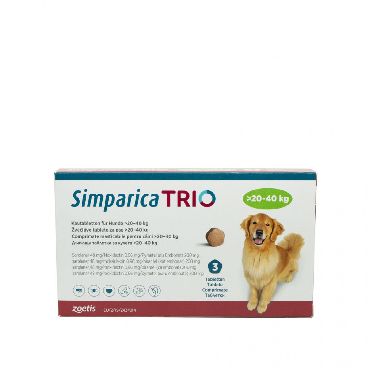 Comprimat masticabil antiparazitar Simparica Trio pentru caini 20-40kg, Antiparazitare externe, Antiparazitare, Câini 