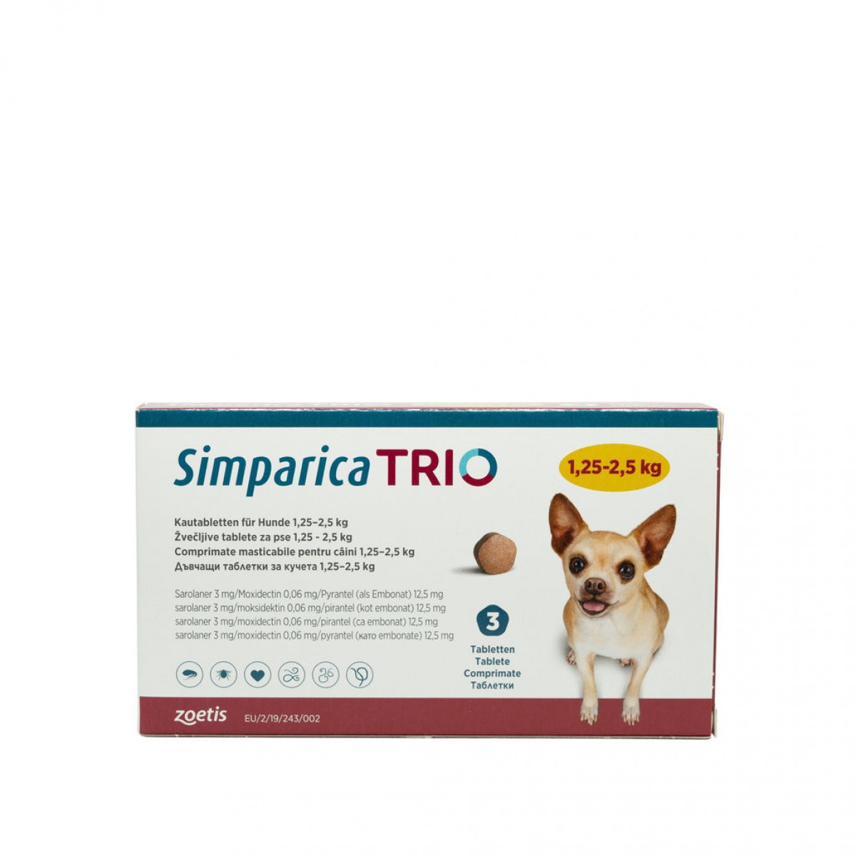 Comprimat masticabil antiparazitar Simparica Trio pentru caini 1.25-2.5kg