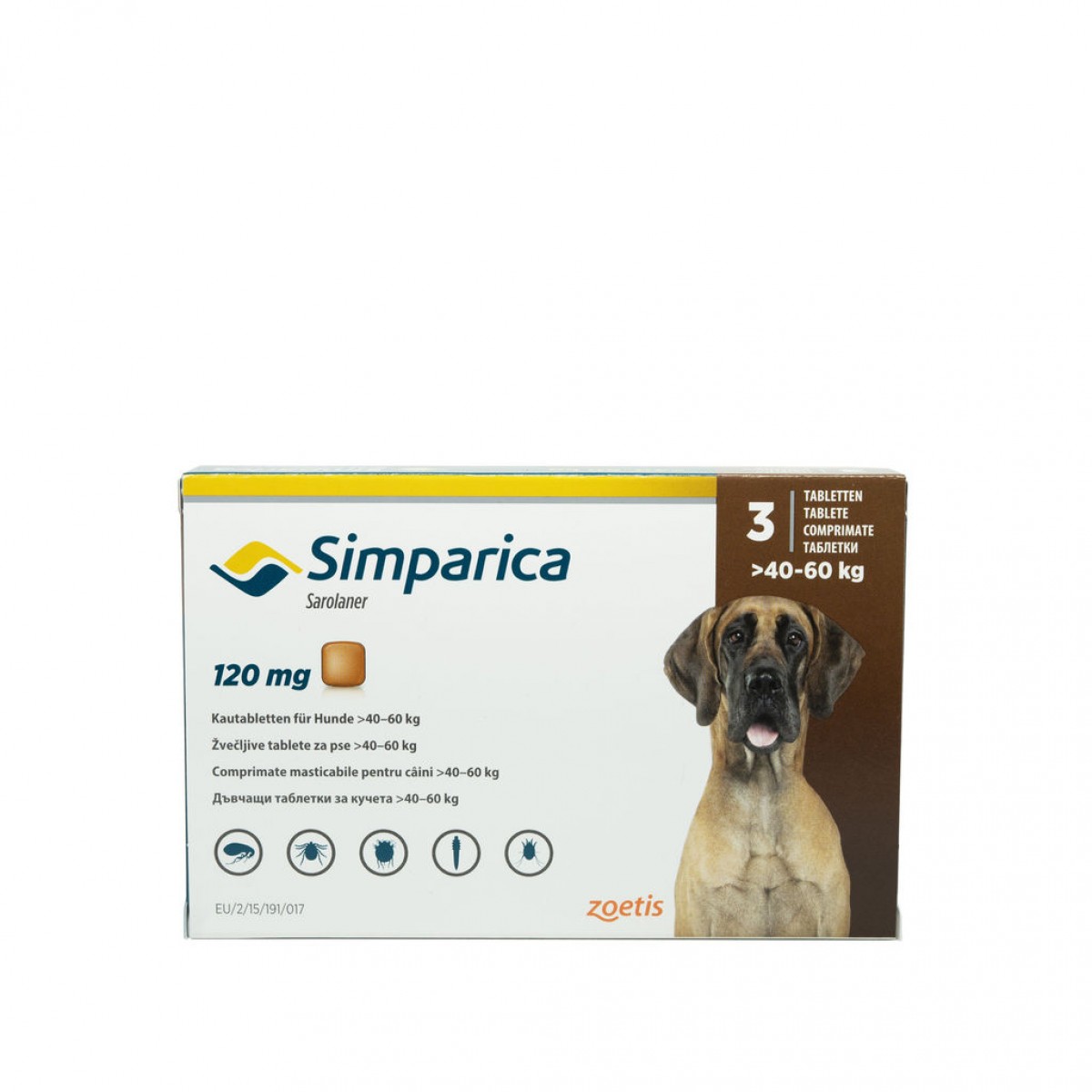 Comprimat masticabil antiparazitar Simparica 120 mg pentru câini de 40 - 60 kg, Antiparazitare externe, Antiparazitare, Câini 