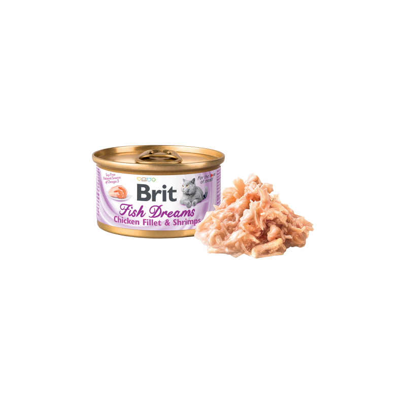 Hrană umedă BRIT Fish Dreams pentru pisici, cu file de pui si creveti, 80g