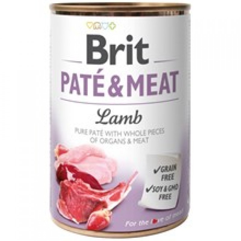 Hrană umedă BRIT pentru câini, cu bucati de carne si pate, cu miel 400g