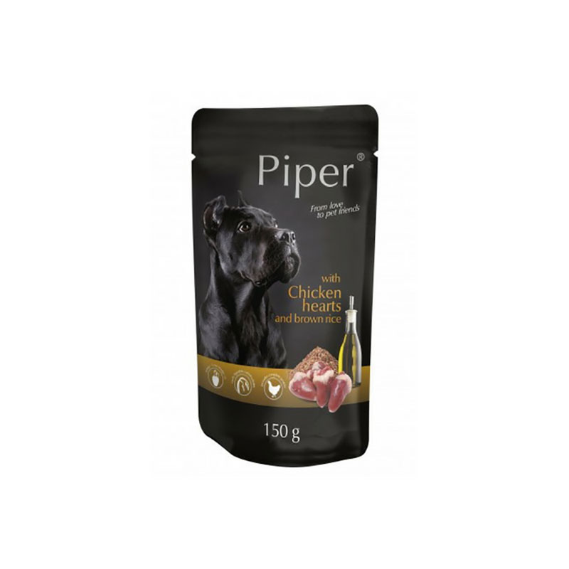 Hrană umedă câini adulți, Piper, cu Inimi de Pui și Orez Brun150