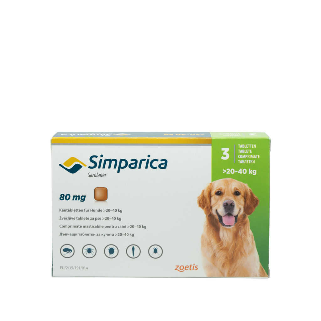 Comprimat masticabil antiparazitar Simparica 80 mg pentru câini de 20 – 40 kg thepetclub