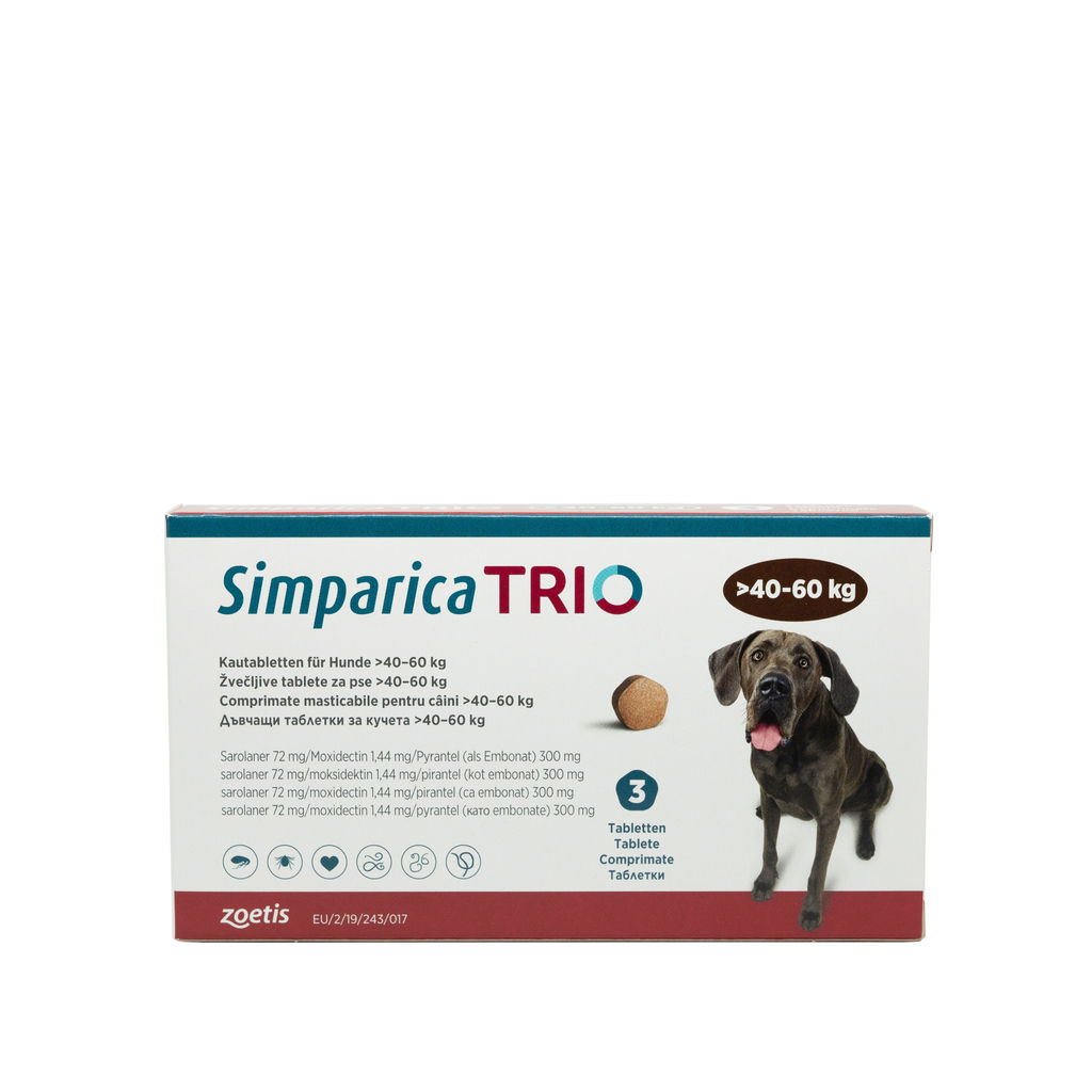 Comprimat masticabil antiparazitar Simparica Trio pentru caini 40-60kg thepetclub.ro/