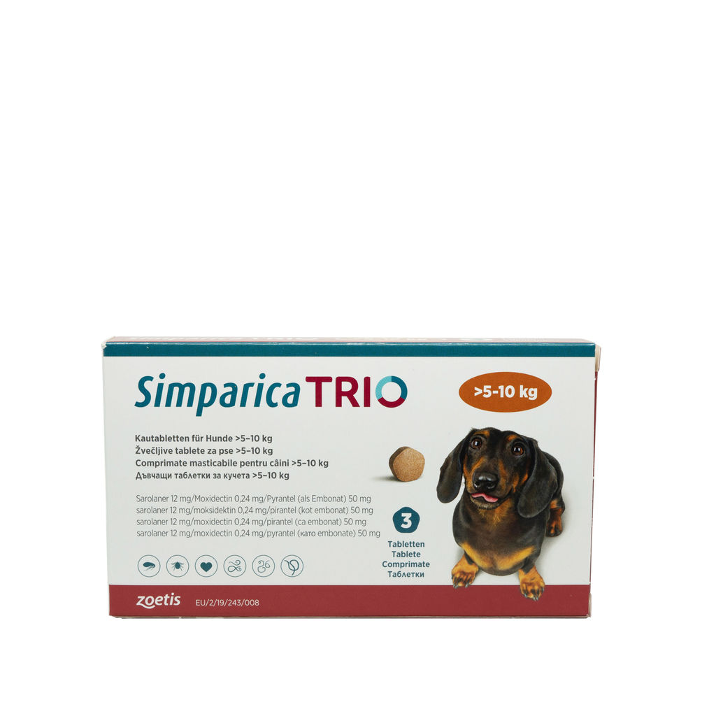 Simparica Trio pentru caini 5-10kg, 3 comprimate masticabile thepetclub.ro/