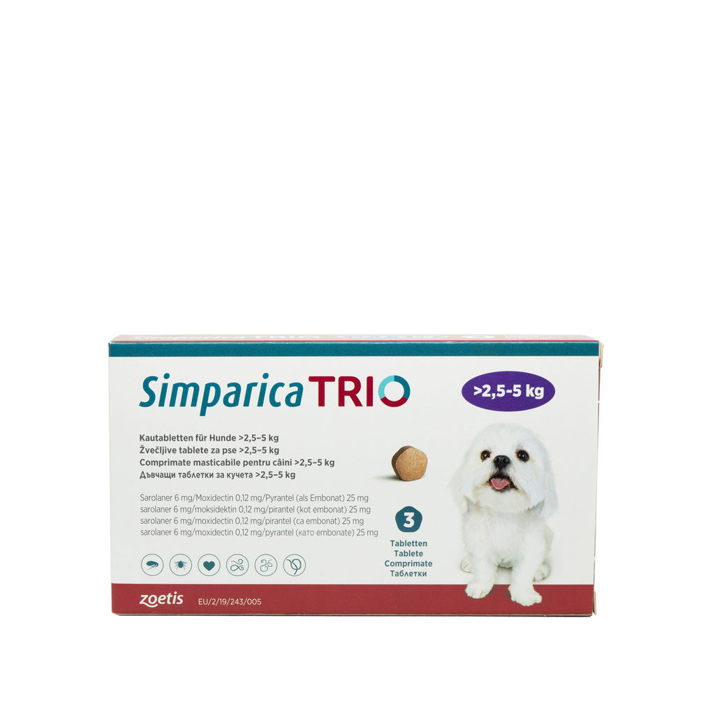 Simparica Trio pentru caini 2.5-5kg, 3 comprimate masticabile thepetclub.ro/