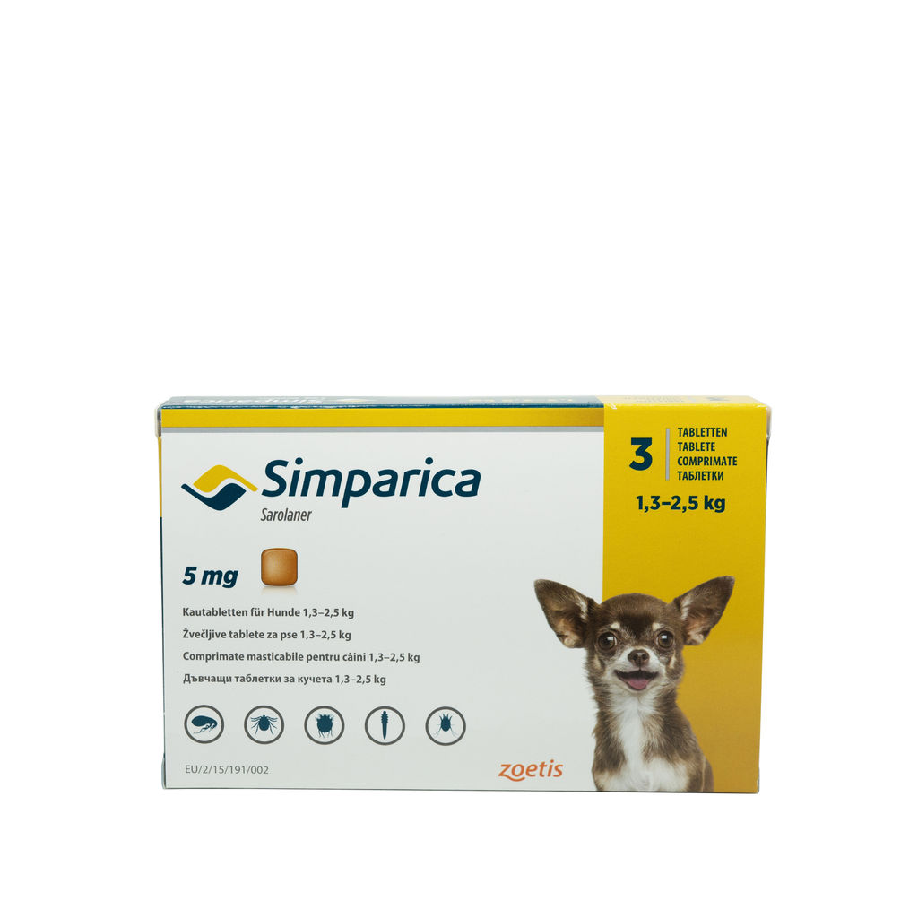Comprimat masticabil antiparazitar Simparica 5 mg pentru câini de 1.3 – 2.5 kg thepetclub.ro/