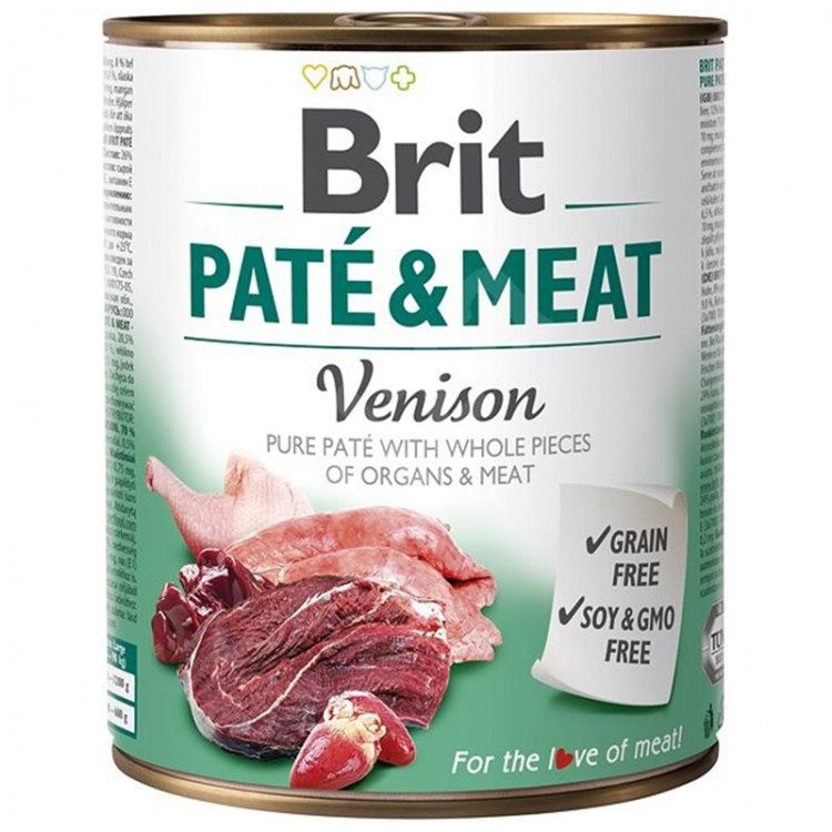 Hrană umedă BRIT pentru câini, cu bucati de carne si pate, cu vanat 800g Brit