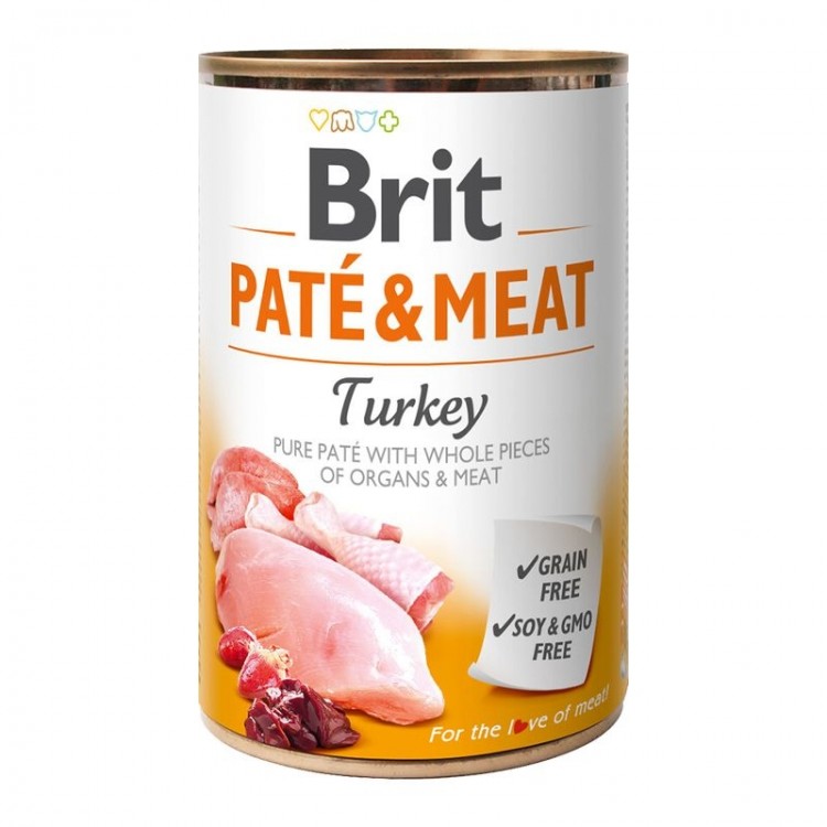 Hrană umedă BRIT pentru câini, cu bucati de carne si pate, cu curcan 400g Brit