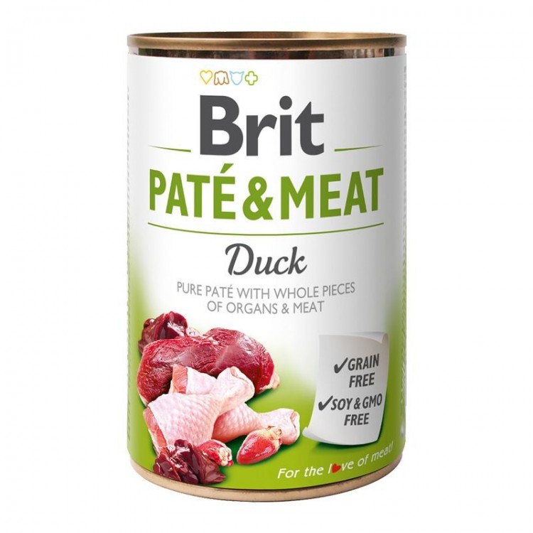 Hrană umedă BRIT pentru câini, cu bucati de carne si pate, cu Rață 400g Brit