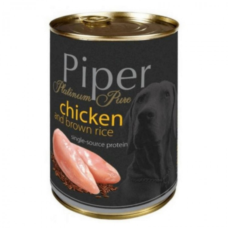 Hrană umedă câini adulți, Piper Pure, cu Carne de Pui si Orez brun 400g Dolina