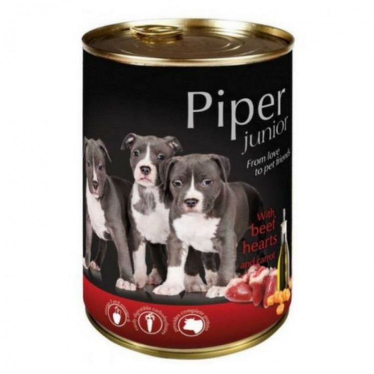 Hrană umedă câini, Piper Junior cu Inimi de Vita si Morcovi 400g Dolina