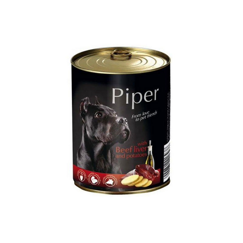 Hrană umedă câini adulți, Piper, cu Ficat de Vita si Cartofi 800g Dolina